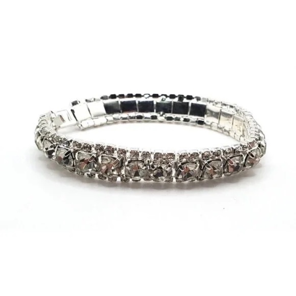 Triple Row Rhinestone Silver Tennis Bracelet New Old Stock from Estate